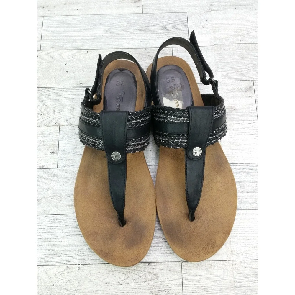 Women's Tamaris Thong‎ Sandals Black Straps Flats Size EU 38 US 7.5/8 Shoes